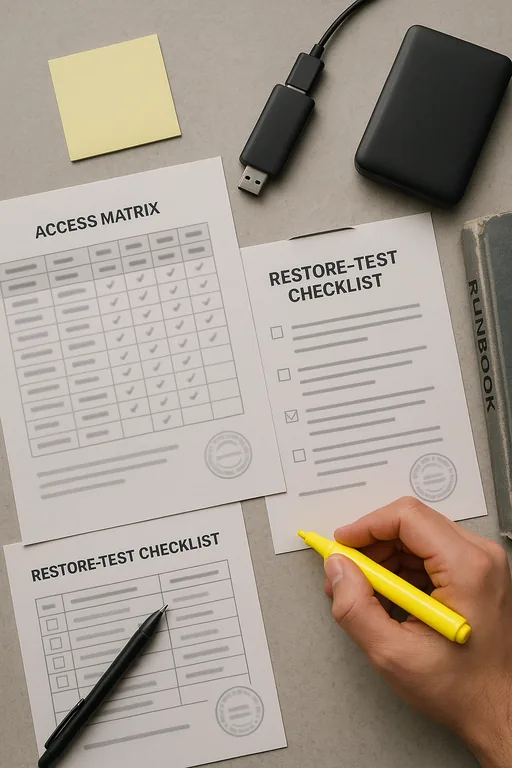 Close-up of access review artifacts: blurred access matrix, restore-test checklist, backup drive, and a runbook binder on a clinic table.