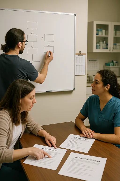 Team mapping an access-control and onboarding workflow on a whiteboard with role templates on the table.