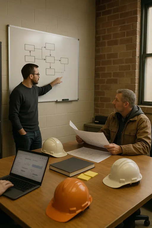 IT consultant and project manager reviewing a blurred workflow diagram and runbook with blueprints and hard hats on the table.