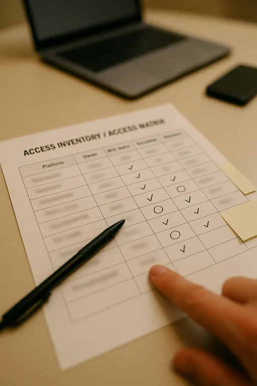 Close-up of a printed access inventory sheet with check marks and a technician pointing, used to document who owns each login system.