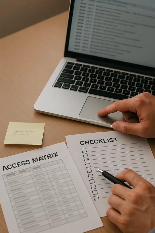 Close-up of a printed access matrix, checklist, and an open laptop with blurred logs used during an access review.