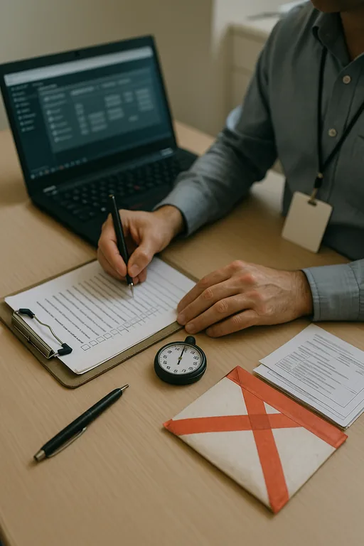 Technician running a documented access recovery test with a clipboard checklist, stopwatch, and a sealed emergency access envelope on a laptop in a clinic.