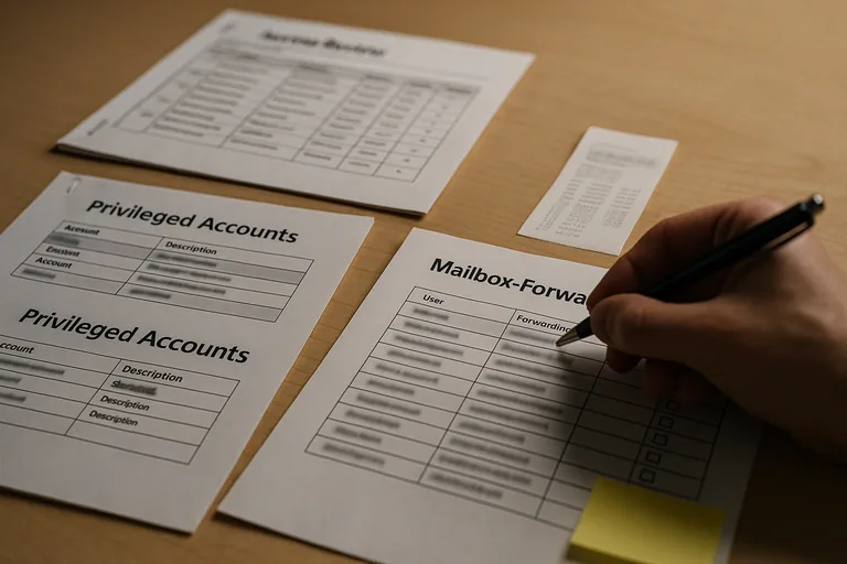 Close-up of printed access review sheets, mailbox audit printouts, and a technician marking items on a checklist.