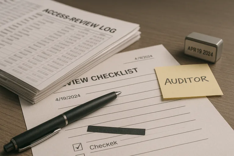 Close-up of printed access-review records, an annotated checklist, and a dated incident timeline on a table.