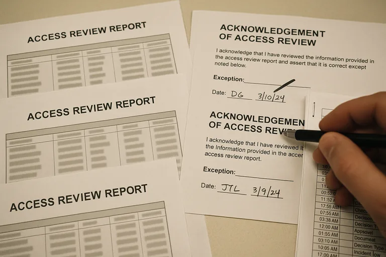 Close-up of access review printouts, signed acknowledgement sheets, and paper change tickets with a reviewer pointing at an entry.
