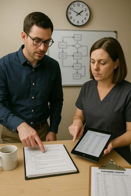 IT consultant and practice manager reviewing a runbook and device inventory with a blurred workflow on a whiteboard behind them.
