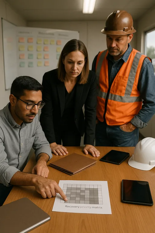 IT consultant leading a recovery-priority and access-review workshop in a jobsite trailer with blurred whiteboard and project folders on the table.