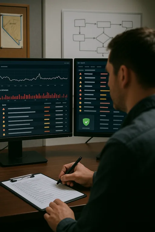 Security analyst reviewing a monitoring console with a timeline of sign-in anomalies while marking a checklist at a workstation.