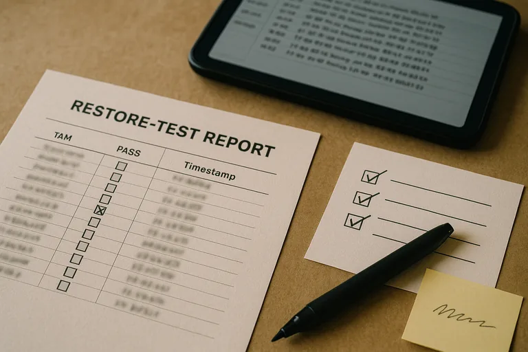 Close-up of printed restore-test report, backup log on a tablet, and a checked remediation checklist used during an infrastructure assessment.