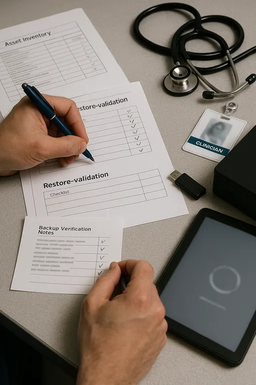 Technician reviewing an asset inventory and restore validation checklist at a clinic workstation to confirm which legacy systems need remediation.