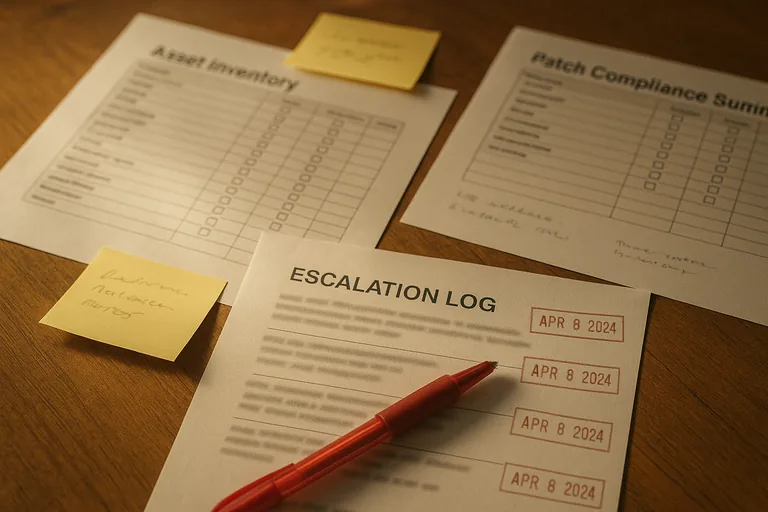 Close-up of printed asset inventory, patch compliance summary, and escalation log photographed as operational evidence.