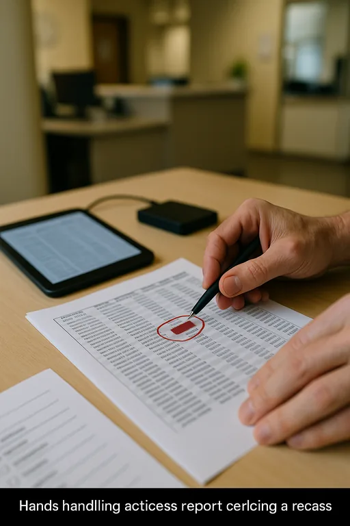 Hands holding printed audit pages and a pen over a tablet on a clinic desk, with paper artifacts and an external drive nearby.