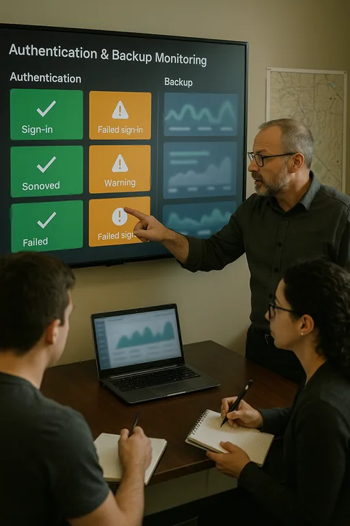 IT consultant pointing at a monitoring dashboard with color-coded alerts while a colleague takes notes, showing authentication and backup status indicators.