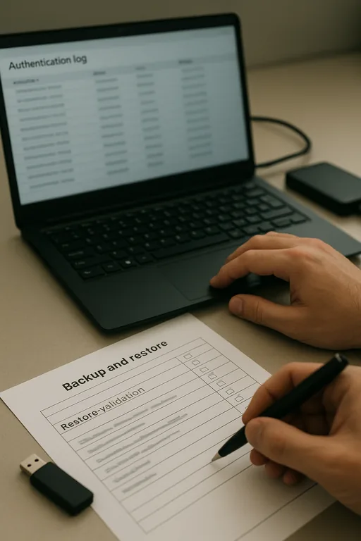 Close-up of a laptop with blurred sign-in data and a printed backup restore checklist being reviewed during incident validation.