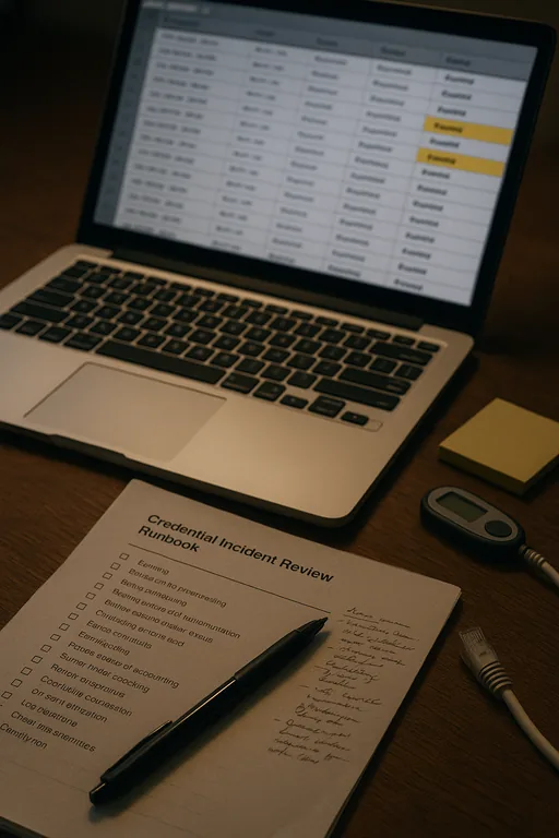 Close-up of a workstation with blurred sign-in logs, a runbook, and investigation artifacts during credential analysis.