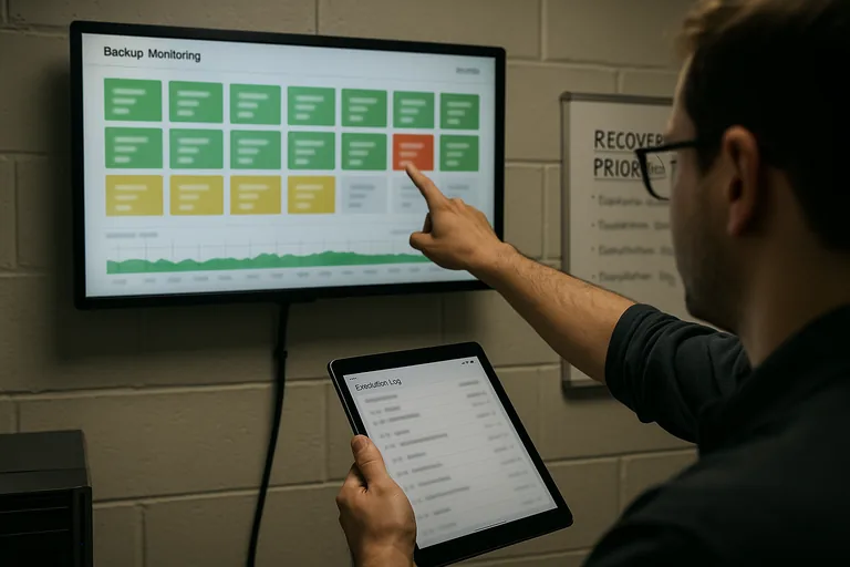 Technicians reviewing a backup and restore dashboard showing status indicators and recent restore test outcomes (screen details blurred).