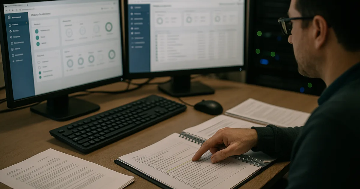 IT professional reviewing restore-test printouts and a runbook at a dual-monitor workstation with a server rack in the background.