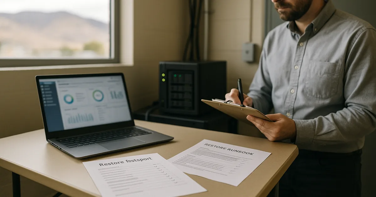 Technician performing a restore verification at a Sparks office with a laptop, printed runbook and backup appliance visible.