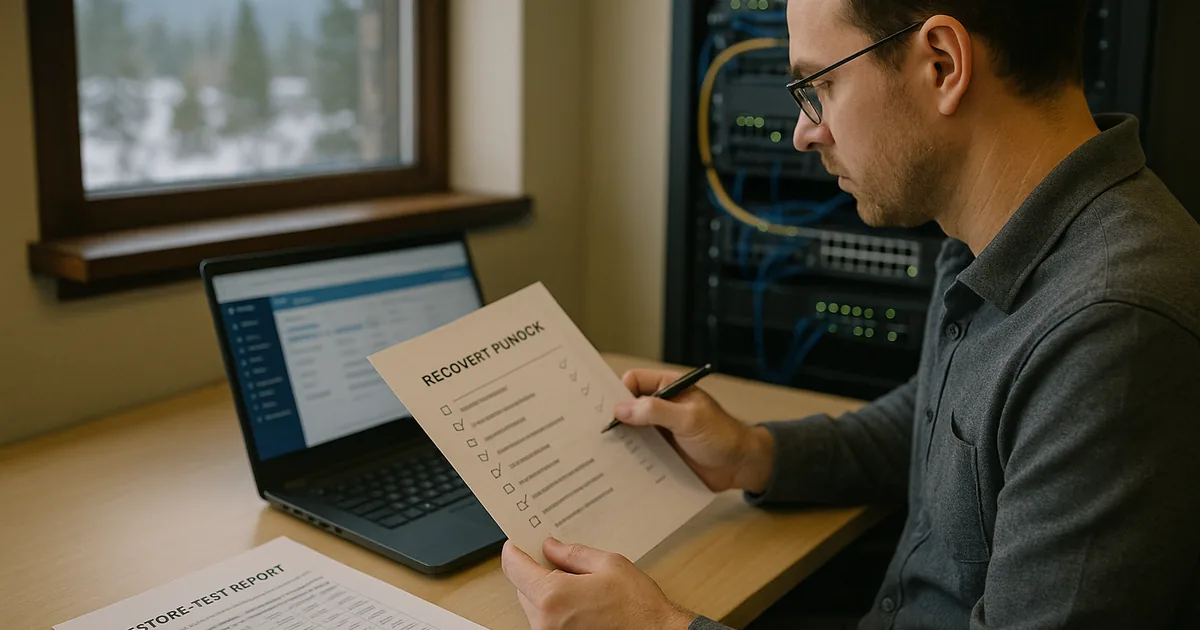 IT consultant at a workstation reviewing a printed recovery runbook and restore-test report with a server rack visible behind them.