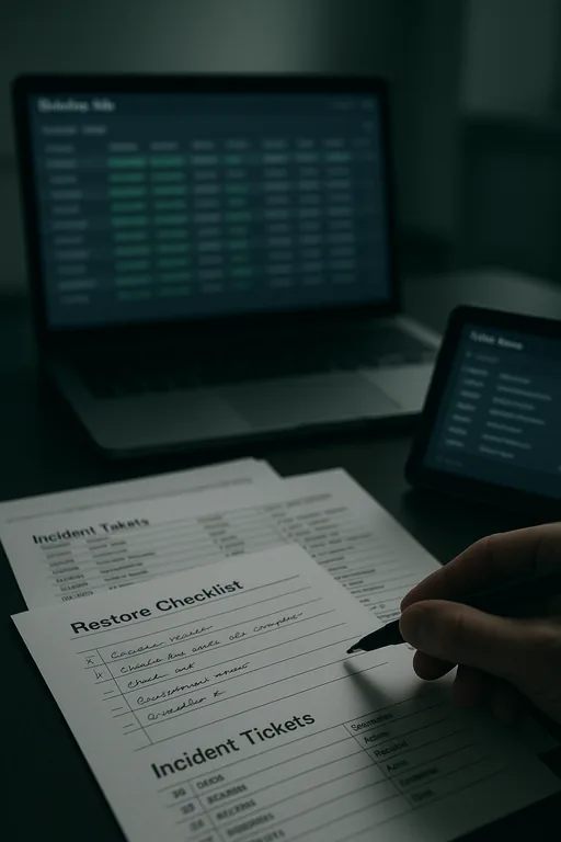 Close-up of a technician's desk with a blurred backup dashboard on a laptop and printed restore checklist used during review.