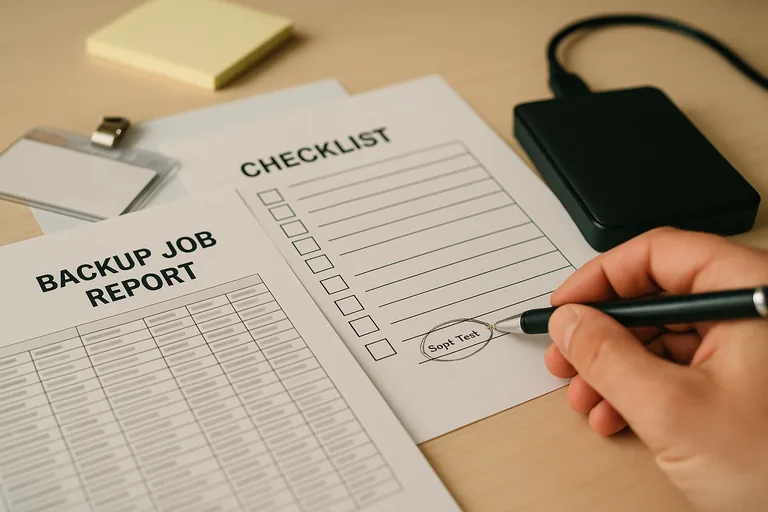 Close-up of printed backup job reports, a checklist, and an external drive used as separate backup evidence.