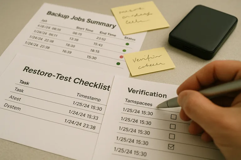 Close-up of printed backup job summaries and a restore-test checklist with a technician marking verification boxes.