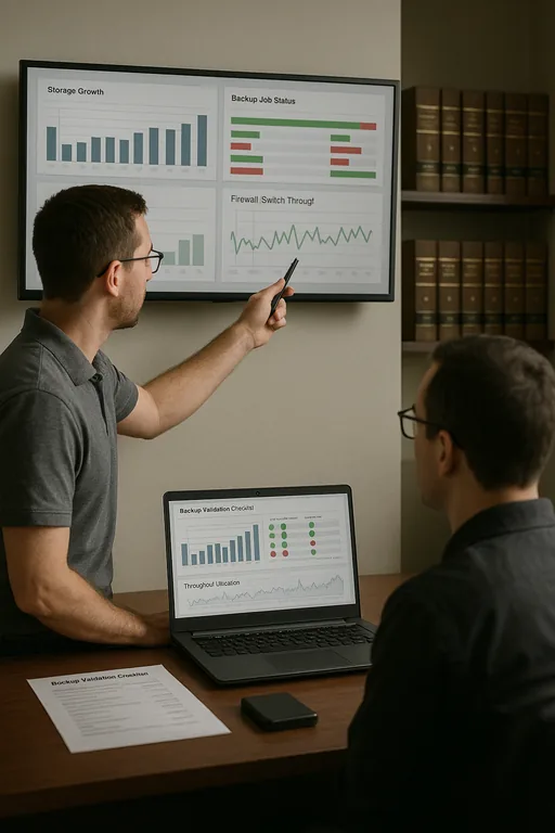 Technician and administrator reviewing a monitoring dashboard showing backup status and capacity metrics in a law office.