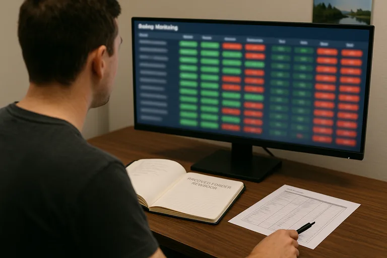 Workstation view of a backup monitoring dashboard with status tiles and recent job history alongside an open runbook on the desk.