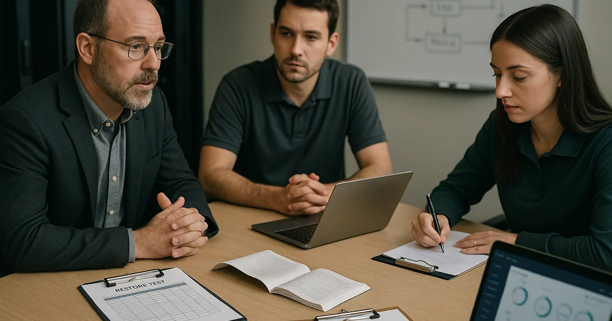 IT consultant and staff reviewing printed restore-test records and a laptop with a blurred backup dashboard beside a server rack.