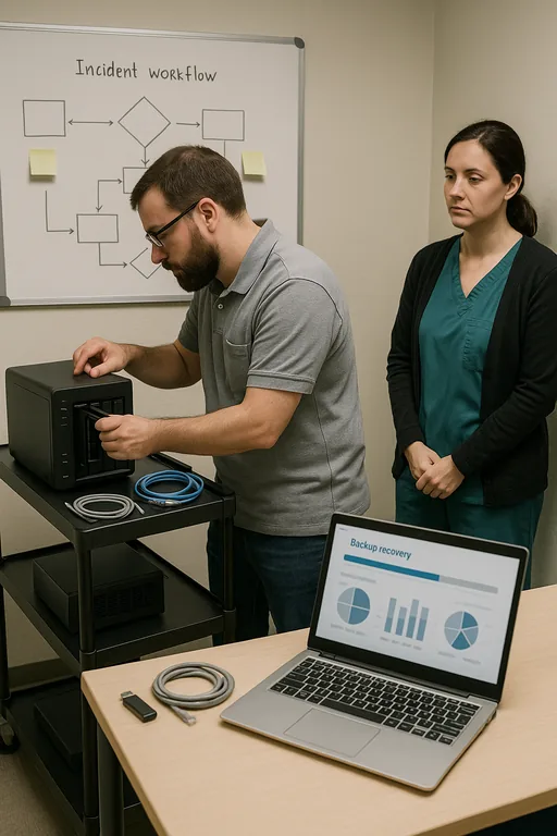 Technician performing a backup recovery validation at a small office server while staff observes, with a sketched incident workflow on a whiteboard behind them.