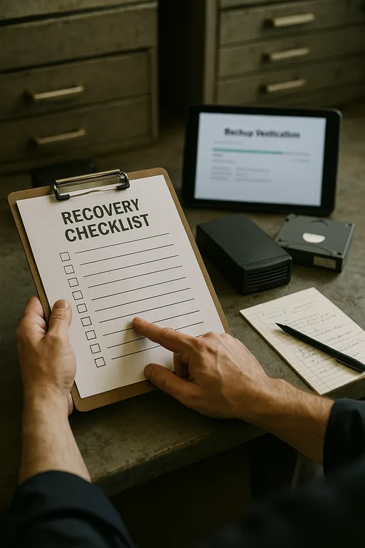 Close-up of a technician reviewing a printed restore checklist and a tablet with backup verification screens, with an external backup drive on the bench.
