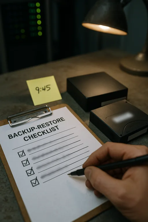 Clipboard with a backup/restore checklist, a technician's hand checking items, and backup media on a plant workbench.