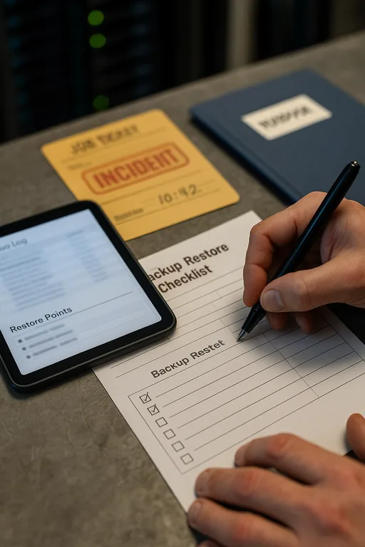 Technician marking a printed backup-and-restore checklist with a tablet showing a blurred backup log on a plant workbench.
