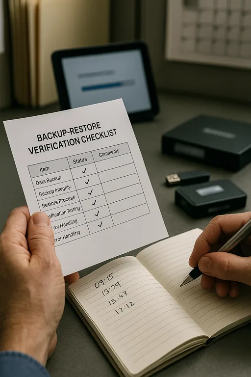 Close-up of a printed restore verification checklist and handwritten timestamps used during a backup validation attempt.