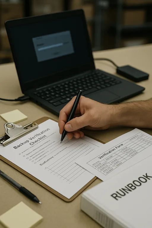 Technician hands over a restore verification checklist beside an external backup drive and laptop, showing backup test evidence and restore validation.
