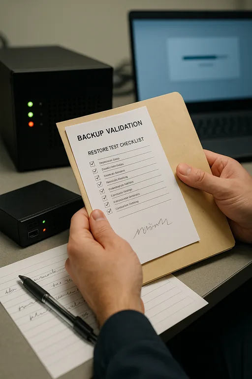 Technician holding a printed restore-test checklist next to a backup appliance and a laptop with a blurred progress screen, showing backup validation activity.