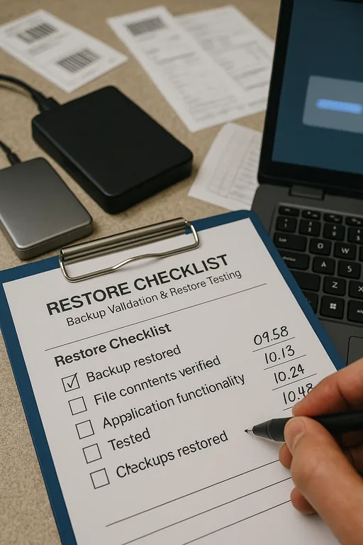 Close-up of a restore-test checklist on a clipboard, external backup drive, and a technician marking results during backup validation.