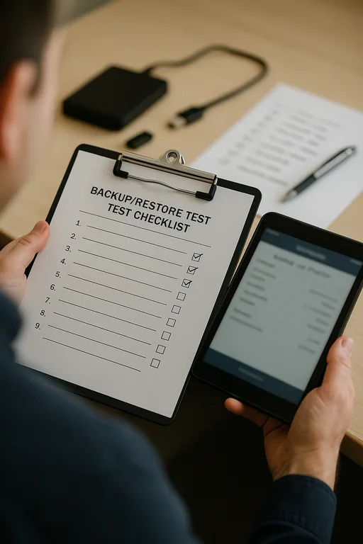 Technician holding a printed restore-test checklist beside a tablet and external backup drive, with notes and checkmarks visible but blurred.
