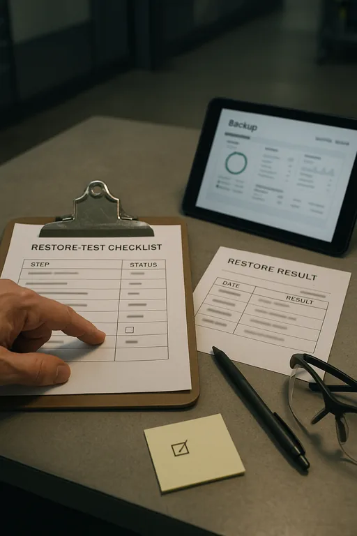 Technician pointing at a blurred restore-test checklist and backup dashboard on a tablet while validating restore evidence in a plant office.
