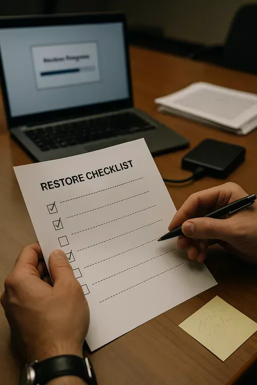 Technician holding a printed restore checklist beside a laptop and external backup drive during a scheduled restore test.