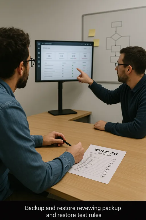 Two IT specialists reviewing a blurred backup dashboard and a checked restore-test checklist during a recovery validation meeting.