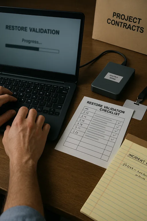 Close-up of a technician validating a backup restore with a printed checklist, handwritten timestamps, and an external backup drive.