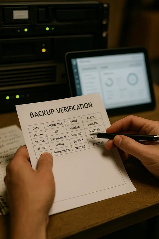 Close-up of a technician holding a backup verification sheet beside a tablet and NAS hardware, showing evidence used to validate restores.