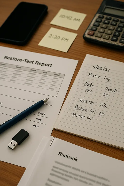 Printed restore logs, hand-annotated test reports, and a runbook page on a desk as evidence of backup validation testing.