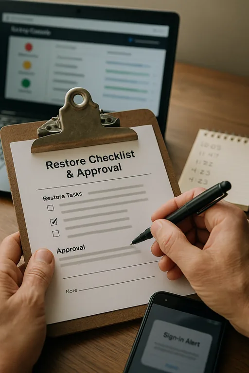Close-up of a technician's clipboard checklist, laptop with blurred backup status indicators, and a notepad with timestamps used during a restore validation.