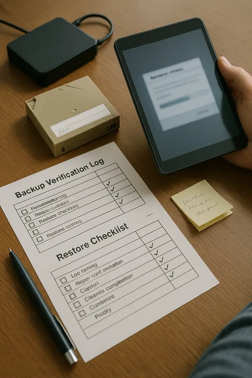 Close-up of backup verification logs, a checked restore checklist, and a technician holding a tablet showing a blurred restore status during a test.