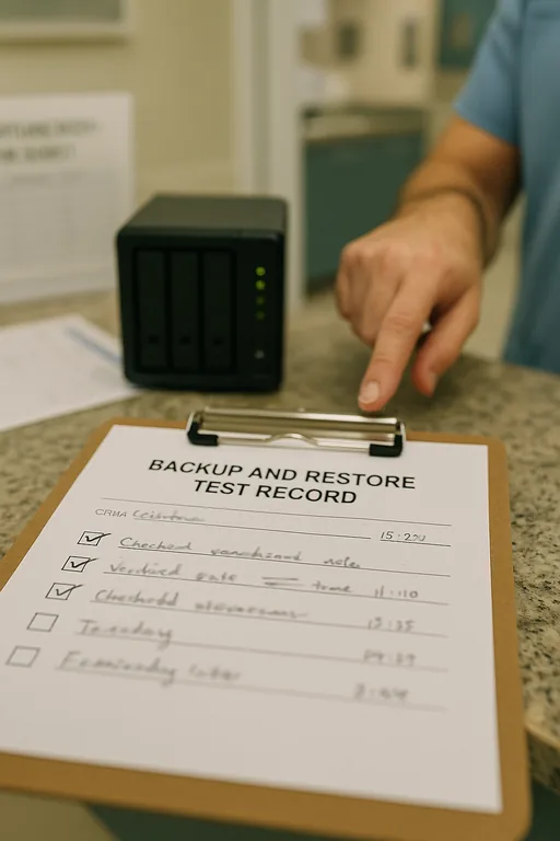 Clipboard with a blurred backup/restore test checklist and a small backup appliance visible in the background.
