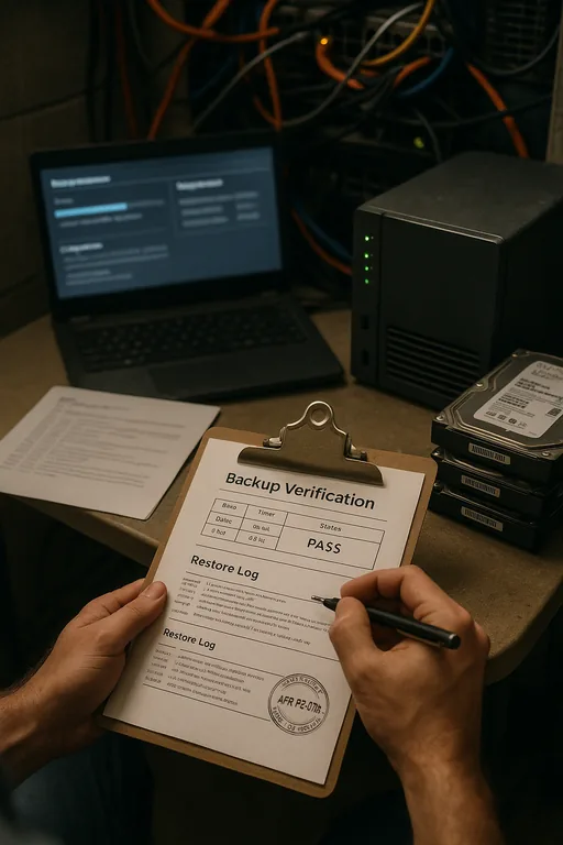 Technician marking a printed restore checklist next to a laptop and backup appliance while verifying backup integrity.