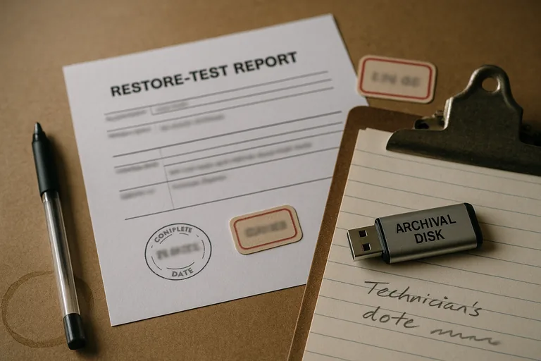 Close-up of a restore-test report, technician notes, and an archival USB disk on a clipboard as physical evidence of backup verification.
