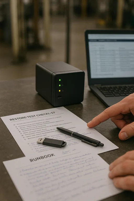 Close-up of a restore-test checklist, USB drive, external backup appliance, and a laptop with a blurred restore log on a plant workbench.